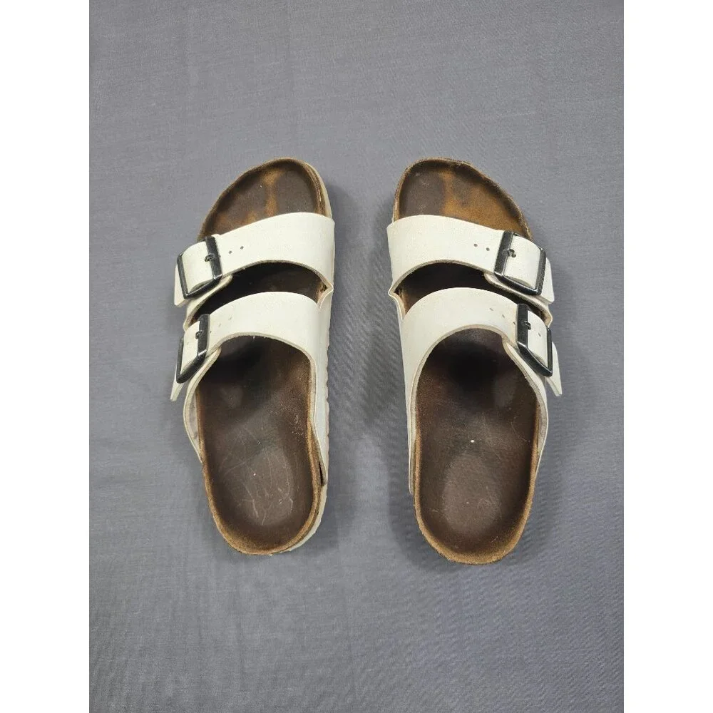 Birkenstock Size 39 Womens Arizona White Leather Sandals Big Buckle - Picture 5 of 8